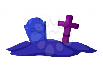 Cartoon illustration of cemetery with gravestone and cross. Happy Halloween celebration. Image for holiday and party.