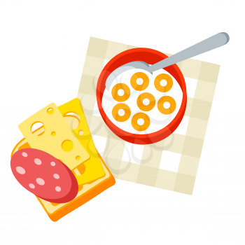 Breakfast illustration. Tasty cereal flakes with milk and sandwich. Concept for cafes, restaurants and hotels.