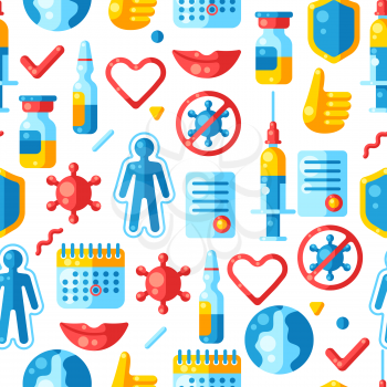 Vaccination seamless pattern with vaccine icons. Immunization items. Health care and protection from virus. Medical and scientific industry.