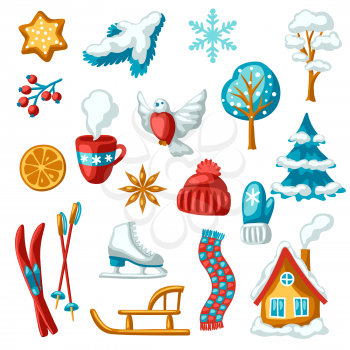 Winter seasonal set of items. Outdoor leisure and cute fun things. Merry Christmas holiday and vacation time.