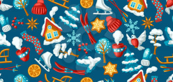 Winter seasonal seamless pattern. Outdoor leisure and cute fun things. Merry Christmas holiday and vacation time.