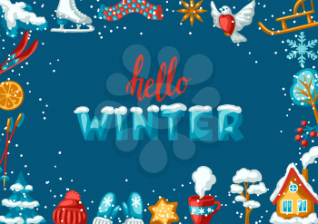 Winter seasonal frame. Outdoor leisure and cute fun things. Merry Christmas holiday and vacation time.