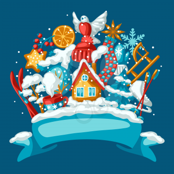 Winter seasonal background. Outdoor leisure and cute fun things. Merry Christmas holiday and vacation time.