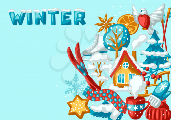 Winter seasonal background. Outdoor leisure and cute fun things. Merry Christmas holiday and vacation time.