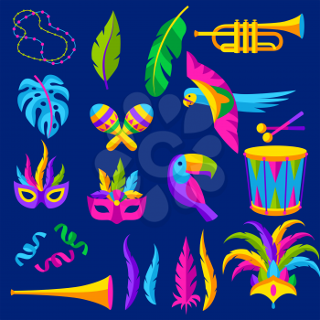 Carnival party set of celebration icons, objects and decor. Mardi Gras illustration for traditional holiday or festival.