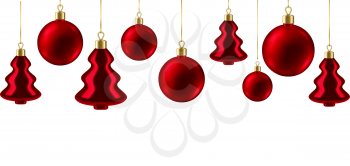 Merry Christmas background with red balls and trees. Happy New Year celebration. Holiday gradient mesh illustration.