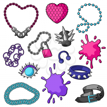 Set of youth subculture symbols. Teenage creative illustration. Fashion jewelry and necklaces in cartoon style.
