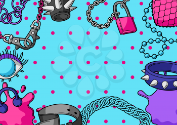 Background with youth subculture symbols. Teenage creative illustration. Fashion jewelry and necklaces in cartoon style.