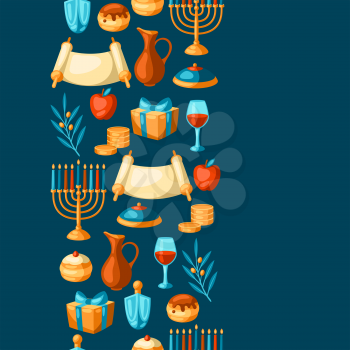 Happy Hanukkah seamless pattern with religious symbols. Background with holiday objects. Celebration traditional items.