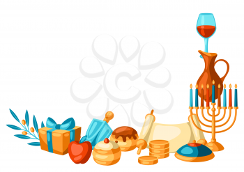 Happy Hanukkah decorative element with religious symbols. Illustration with holiday objects. Celebration traditional items.