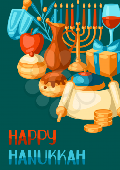 Happy Hanukkah background with religious symbols. Illustration with holiday objects. Celebration traditional items.