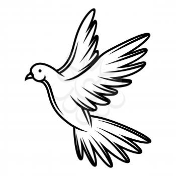 Illustration of flying dove. Black and white stylized picture. Icon for design and decoration.
