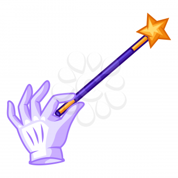 Magician hand with glove holding magic wand. Trick or magic illustration. Cartoon stylized picture.