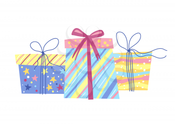Illustration of Happy Birthday gift boxes. Party invitation. Celebration or holiday item.