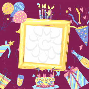 Happy Birthday greeting card with frame. Party invitation. Celebration or holiday items.