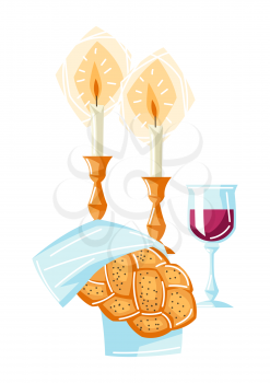 Shabbat Shalom background with religious objects. Background with Jewish symbols. Judaism concept illustration. Celebration traditional items