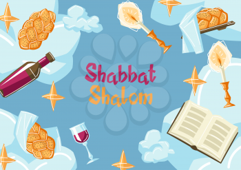 Shabbat Shalom frame with religious objects. Background with Jewish symbols. Judaism concept illustration. Celebration traditional items