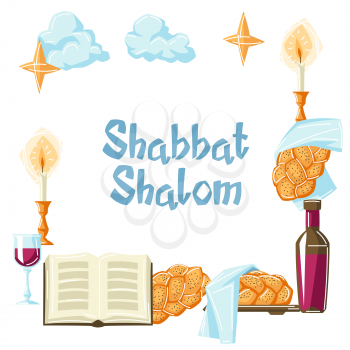Shabbat Shalom frame with religious objects. Background with Jewish symbols. Judaism concept illustration. Celebration traditional items