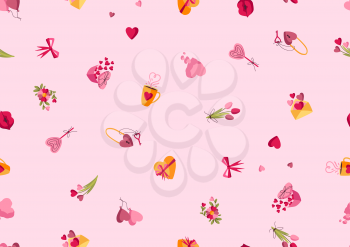 Happy Valentine Day seamless pattern. Holiday background with romantic items and love symbols.
