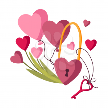 Happy Valentine Day illustration. Holiday background with romantic items and love symbols.