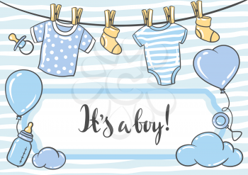 Happy Birthday greeting and invitation card. Holiday baby boy shower celebration simbols and items.