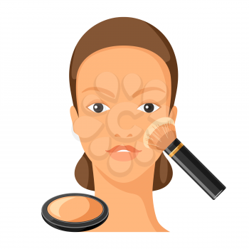 Process of applying powder to face. Illustration of beautiful woman with make up. Beauty and fashion image.