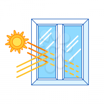 Sun protection with double glazed window. PVC plastic profile. Infographics showing properties. Image for businesses and construction industry.
