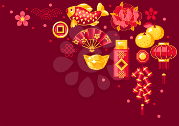 Happy Chinese New Year greeting card. Background with talismans and holiday decorations. Asian tradition symbols. Wishes of happiness, good luck and wealth.