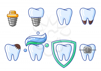 Illustrations of tooth. Dentistry and health care icons. Stomatology and medical items.