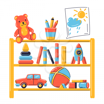 Illustration of various kids toys. Happy childhood symbols. Playing game with friends. Image for shops and kindergartens.