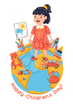 Happy children day greeting card. Illustration of standing on earth smiling girl. Child in cartoon style. Happy childhood.