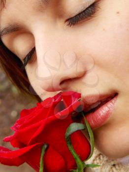 Red rose and girl. Romantic design.