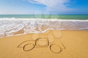 Draw car on beach sand. Conceptual design.
