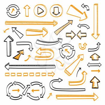 Arrows doodle set. Hand drawn sketch icons in black and orange colors. Vector illustration. Isolated on white background.