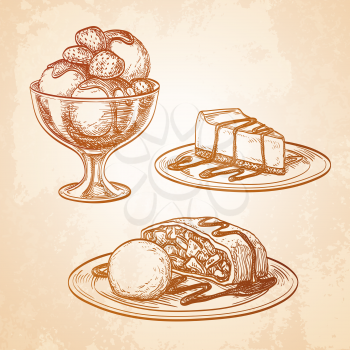 Set of desserts on old paper background. Hand drawn vector illustration. Retro style.