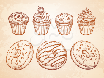 Set of donuts, muffins and cupcakes. Sketch. Pastry sweets collection on old paper background. Hand drawn vector illustration.