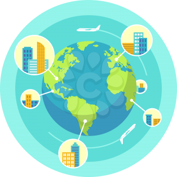 Global business design concept. Flat style vector illustration. Offices in many cities around the world. Air traffic between continents.