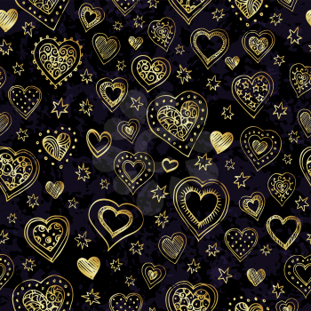  Seamless pattern with hand drawn gold hearts and stars on dark background.