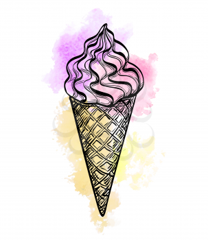 Ice cream cone isolated on white. Hand drawn vector illustration. Watercolor background.