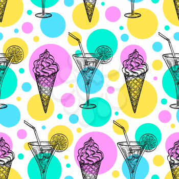 Seamless pattern with ice cream cones and cool tankards. Hand drawn vector illustration.