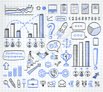 Business doodle set on paper background. Vector hand drawn sketch icons in black and blue colors. Infographics.