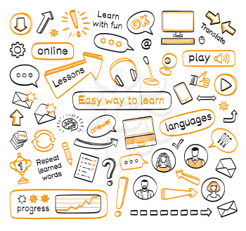 Doodle set of online lessons. Vector hand drawn sketch icons in black and orange colors. Isolated on white background.
