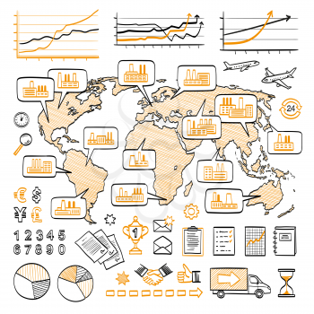 Global business doodle concept. Vector hand drawn sketch icons. Many factories around the world. Isolated on white background.