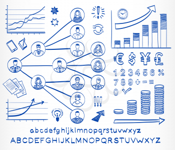 Business doodle set. Hand drawn sketch icons  isolated on white background. Business team. Hand drawn letters of alphabet and numbers. Vector illustration.
