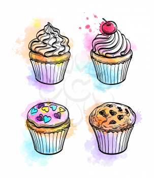 Set of muffins and cupcakes. Hand drawn vector illustration. Watercolor background. Isolated on white.