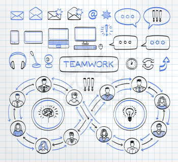 Business doodle concept on paper background. Vector hand drawn sketch icons set in black and blue colors. Team work. Connecting people. 