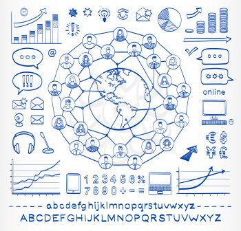Business doodle concept. Connecting people. Global business. Hand drawn sketch icons. Hand drawn letters of alphabet and numbers. Isolated on white background. Vector ilustration.