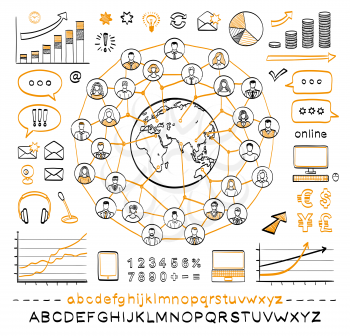 Business doodle concept. Connecting people. Global business. Vector hand drawn sketch icons in black and orange colors. Hand drawn letters of alphabet and numbers. Isolated on white background.