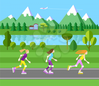 Three girls rollerblading. Flat landscape illustration. Forest and mountains. Blue sky and plane.