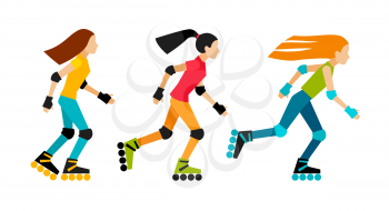 Roller-skating women. Sport characters in flat style. Isolated on white background.